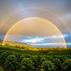 Fototapeta premium Rainbow Over Coffee Plantation Landscape.