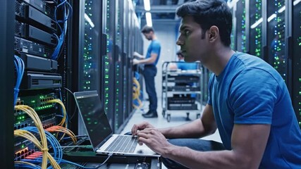 IT technician working on a laptop in a server room with racks of equipment