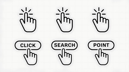 Fototapeta premium Set of three hand cursor icons with text labels for click search and point on a white background