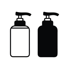 Fototapeta premium Pump bottle icon set: black silhouette and outline versions for liquid soap, lotion, or sanitizer.