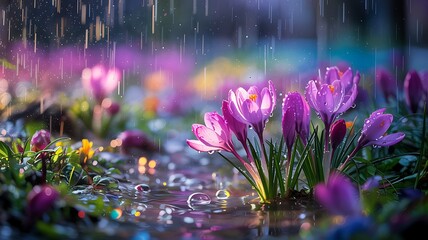 Vibrant purple crocus flowers bloom in a gentle spring rain with colorful bokeh lights creating a magical atmosphere