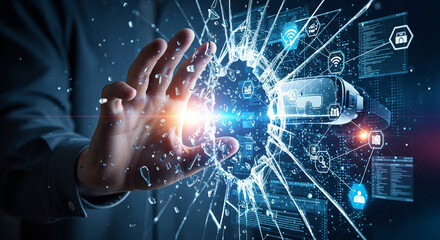 A person reaching out to interact with a virtual reality interface, showcasing futuristic technology and digital connectivity with glowing icons