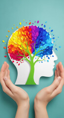 Naklejka premium Rainbow brain tree with sheltering hands symbol.