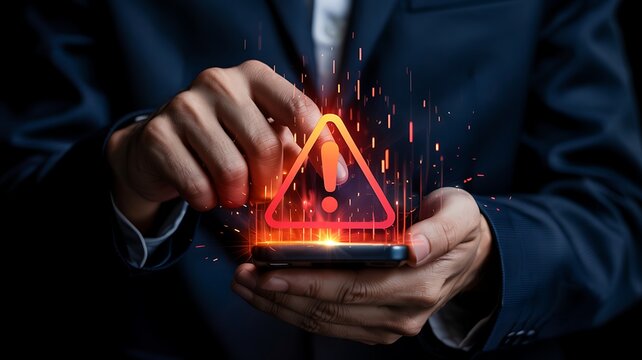 Businessman holding a smartphone displaying a glowing red digital warning triangle symbol with sparks flying representing digital danger or alert