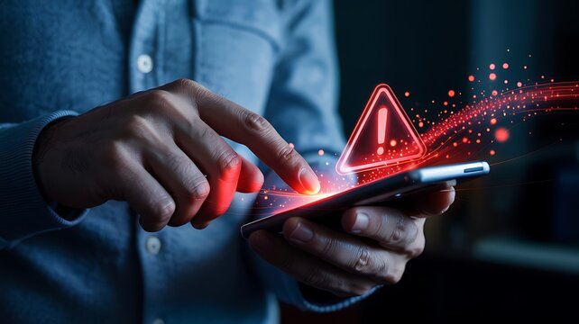 Close up of a person s hands using a smartphone with a glowing red digital warning alert symbol and data stream emanating from the screen