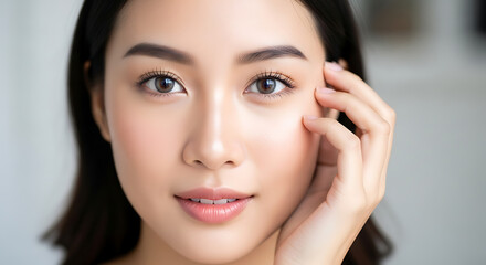 Close-up portrait of a beautiful young Asian woman with clear, glowing skin touching her face gently