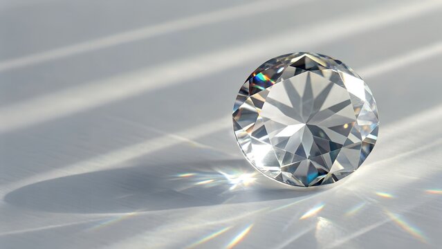 Brilliant Cut Diamond Reflecting Light With Rainbow Refractions On White Background With Dramatic Shadows