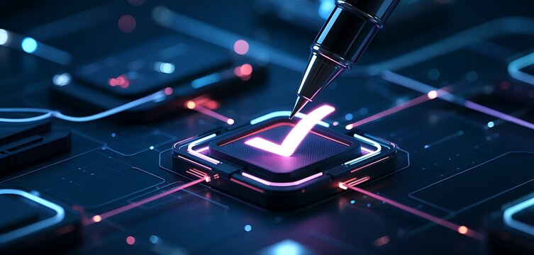 Digital technology concept of a glowing checkmark symbol being activated on a futuristic circuit board with neon lights