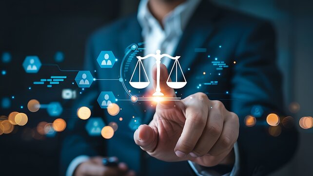 Lawyer touching a digital interface displaying scales of justice and legal icons symbolizing justice and law