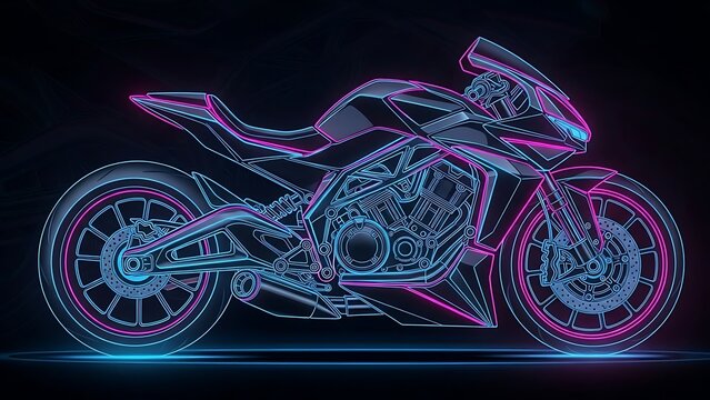 Neon Motorcycle Illustration - Futuristic Sportbike Design on Black Background.