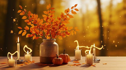 Autumn table setting with vibrant orange leaves in a vase, glowing taper and votive candles, decorative pumpkins, and scattered fall foliage on wood, against a blurred golden forest, evoking cozy seas