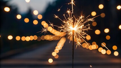 Sparkler Firework Burning Brightly Outdoors At Dusk With Bokeh Lights And Dark Forest Background
