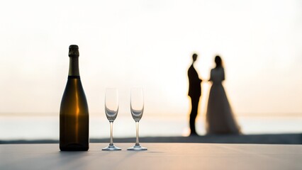 Wedding Celebration Golden Hour Toast Champagne Flutes And Couple Silhouette Overlooking Ocean
