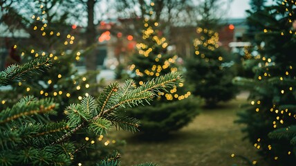 Softly lit evergreen christmas trees decorated with warm yellow lights in an outdoor lot