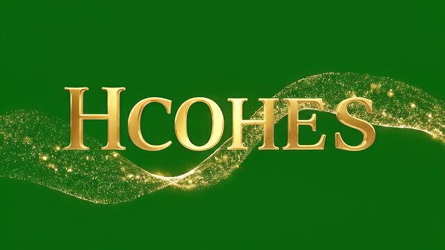 Golden Hcohes Text Animation with Sparkles on Green Background.