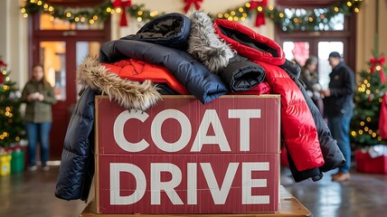 Generous community coat drive collection box overflowing with warm winter jackets during holiday season celebration