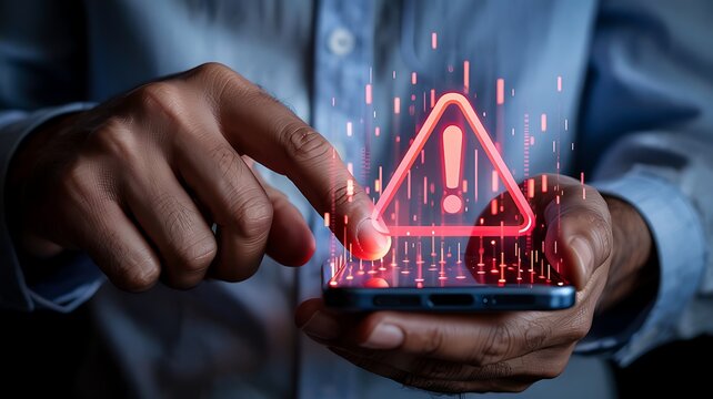 Person holding a smartphone with a glowing red warning triangle alert symbol appearing on the screen with digital effects