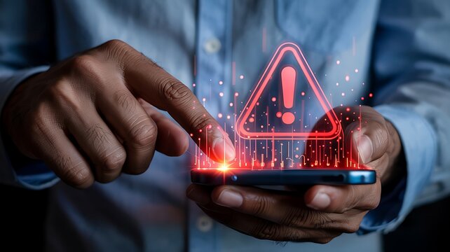 Person holding smartphone displaying a glowing red digital exclamation mark warning symbol with abstract data streams and light effects