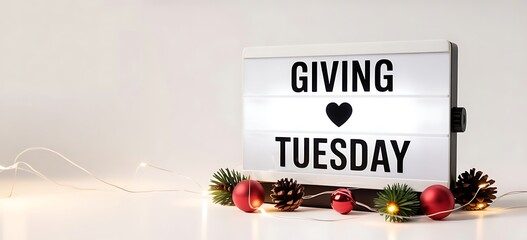 Illuminated light box sign displaying giving tuesday with a heart symbol and festive holiday decorations on a white surface