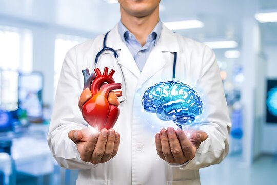 Doctor holding a glowing human heart in one hand and a luminous brain in the other symbolizing mind body connection and health - Powered by Adobe