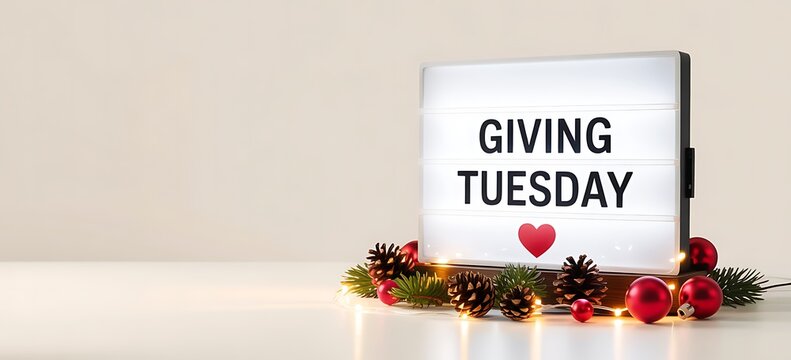 Illuminated lightbox displaying giving tuesday with a red heart symbol surrounded by festive christmas decorations and warm lights - Powered by Adobe