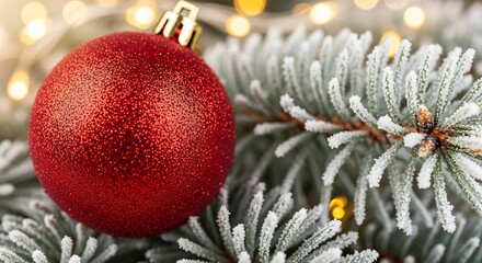 Close-up of Red Christmas Bauble on Frosted Fir Tree Branches with Golden Bokeh Lights