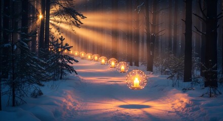 Winter Landscape at Night: Serpentine Trail of Warm Candles in Dark Pine Woods