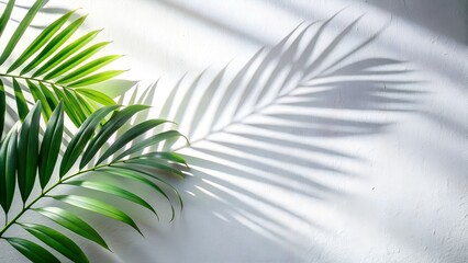 Obraz premium Green Palm Fronds Casting Shadows On A Textured White Wall In Bright Sunlight