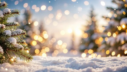 Winter wonderland snowy forest scene with bokeh lights majestic landscape enchanting atmosphere captured in early morning light