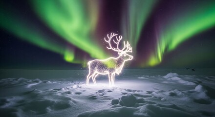Northern Lights Landscape: Illuminated Stag Decoration in Snowy Arctic Scene at Night