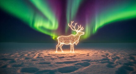 Magical Christmas Reindeer Light Decoration Under Spectacular Green Aurora Borealis