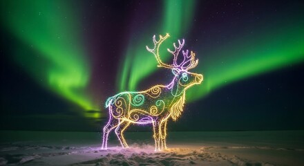 Holiday Fantasy: Light-Up Reindeer Against Dynamic Green and Purple Northern Lights Sky