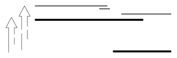 Three upward arrows alongside horizontal lines symbolizing growth, direction, progress, and alignment. Ideal for business, goals, strategy, success, transformation motivation simple flat metaphor