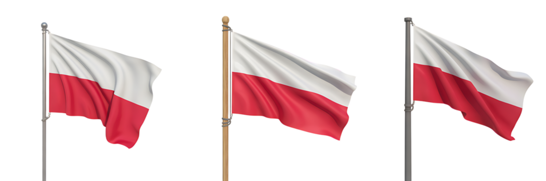 Set For Three waving flags of Poland isolated on transparent background 
