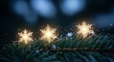 Christmas Macro Detail: Illuminated Snowflakes and Golden Glitter on Pine Tree Branches