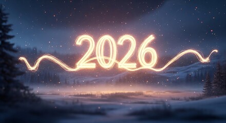 New Year 2026 Concept: Glowing Golden Light Trails Forming Numbers Over Snowy Landscape