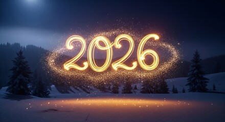 Magical Winter Night: Luminous 2026 Numbers Floating Above Frozen Lake and Forest