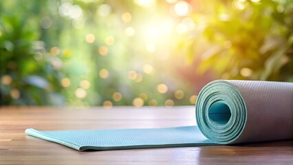 Turquoise Yoga Mat Partially Rolled on Wooden Surface Lush Greenery Bokeh Background Golden Hour Sunlight