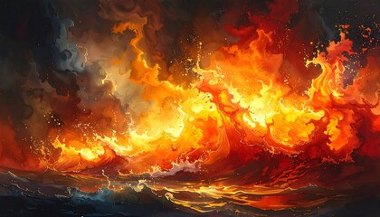 Inferno of the Sea - A Fiery Ocean Landscape Painting.