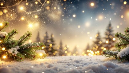 Naklejka premium Winter wonderland celebration with glowing lights and snowy pines scenic forest landscape magical evening ambiance captivating holiday spirit