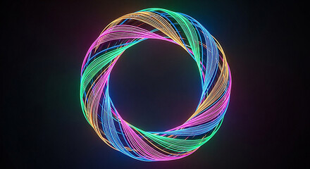 Vibrant abstract twisted light ring with rainbow colors on black background