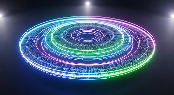 Futuristic neon energy ring with concentric circles and digital patterns