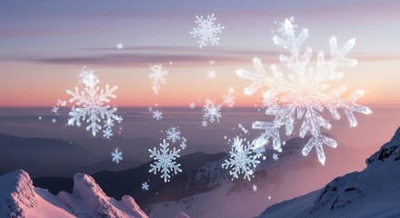 Snowflake Overlay: Majestic Winter Mountain Landscape at Sunset with Falling Snow