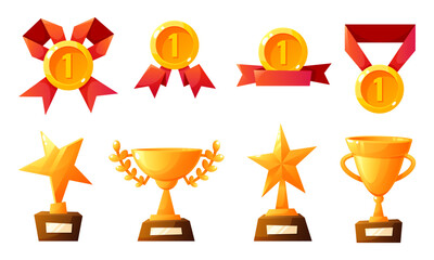 A collection of various award trophies and medals. Includes gold cups, stars, and ribbons. Represents achievement and competition.