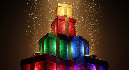 Luxury Christmas Gift Pyramid: Stack of Brightly Colored Presents with Golden Glitter Sparks