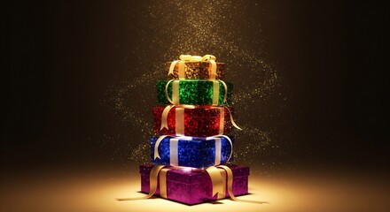 Festive Abundance: Illuminated Stack of Vibrant Holiday Gifts Forming a Tree Shape