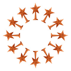 A circular frame made of trophies in bronze colors. The trophies are star shaped and arranged evenly around the circle.