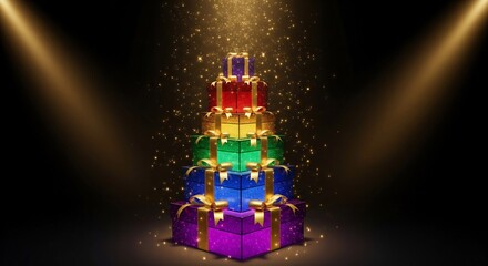 Dynamic Christmas Concept: Pyramid of Wrapped Presents with Dramatic Spotlight and Bokeh