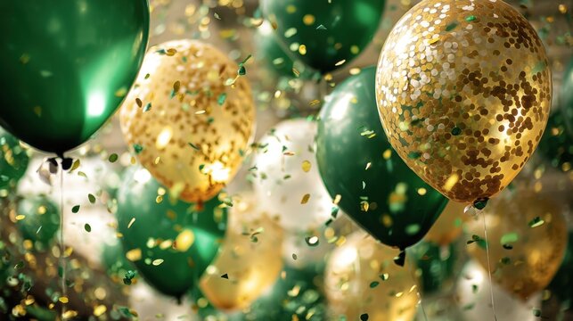 Balloons in shades of green and gold float amidst shimmering confetti setting a lively atmosphere for a joyous celebration during a festive event.