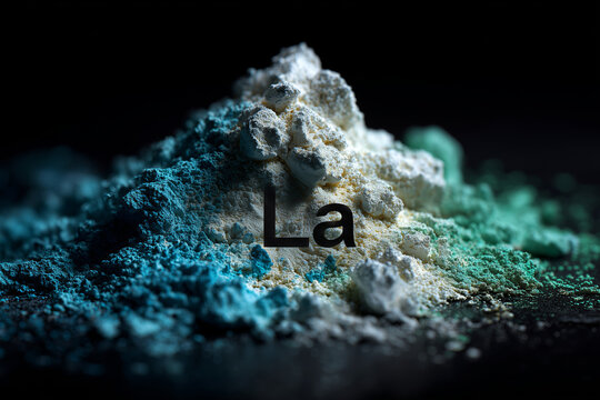 Rare earth element lanthanum displayed in vibrant colors against a dark backdrop